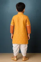 Cotton Printed Kurta with Dhoti for Boys, Yellow & White 
