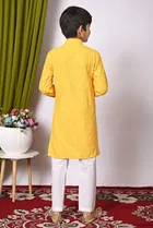 Rayon Cotton Embellished Kurta with Payjama for Boys, Yellow & White 