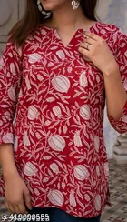 Cotton Printed Short Kurti for Women, Red 