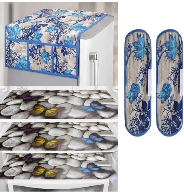 Knit Printed Fridge 3 Pcs Mat with 2 Pcs Handle & Top Cover (Multicolor, Set of 1)