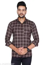 Cotton Blend Checked Shirt for Men, Brown 