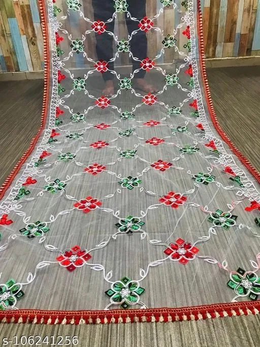 Embroidered Jaipuri Net with Aari Work Sewing & Embroidery (White, Free Size)