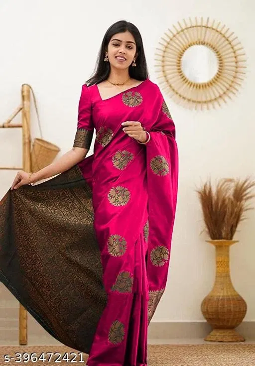 Kanjeevaram Silk Printed Saree for Women, Pink (6.3 m)