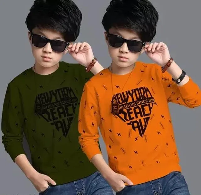 Cotton Blend Round Neck T-Shirts for Boys (Olive & Orange, 9-10 Years) (Pack of 2)