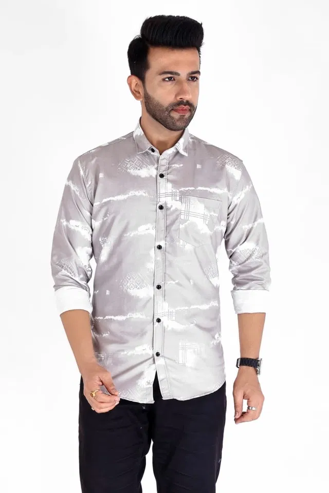 Cotton Blend Printed Shirt for Men, White & Lavender (L)