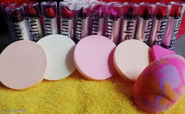 Combo of ADS Lip Balm cum Lipsticks (12 Pcs) with 6 Pcs Makeup Blenders (Multicolor, Set of 2)