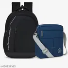 Polyester Backpack with Cross Body Bag for Men, Black & Blue, Set of 2