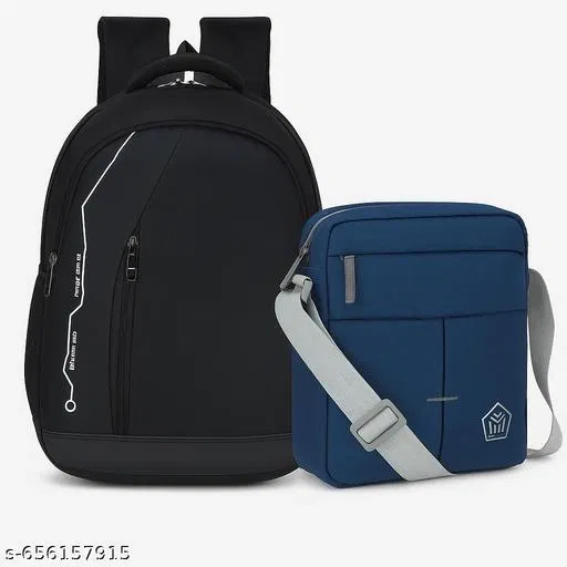 Polyester Backpack with Cross Body Bag for Men, Black & Blue, Set of 2