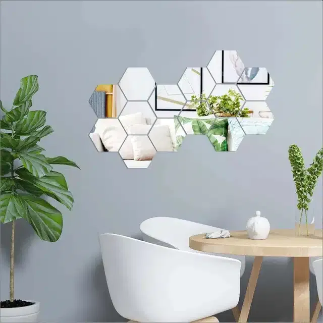 Acrylic Hexagon Shaped Wall Mirror Stickers (Silver, Pack of 14)