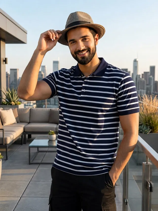 Striped Polo T-shirt for Men (Navy Blue, L)