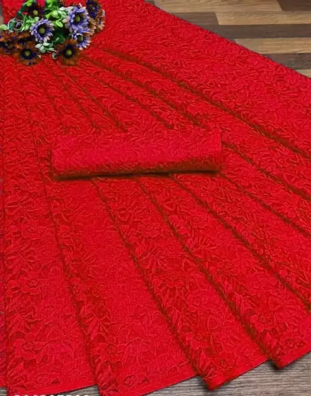 Net Floral Saree for Women (Red, 6.3 m)
