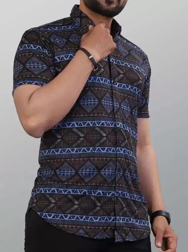 Half Sleeves Printed Shirt for Men (Blue, L)