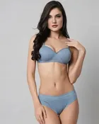 Cotton Blend Solid Padded Bra Lingerie Set for Women (Blue, 30B)