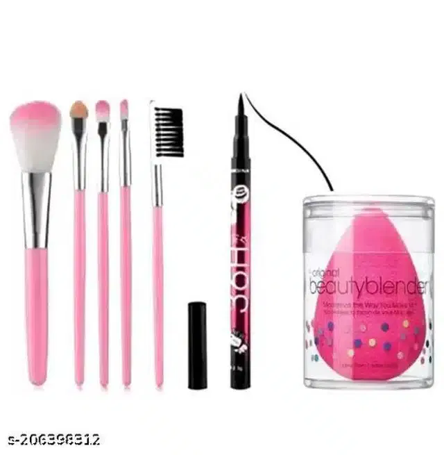 5 Pcs Makeup Brushes & Eyeliner with Makeup Blender (Set of 3)