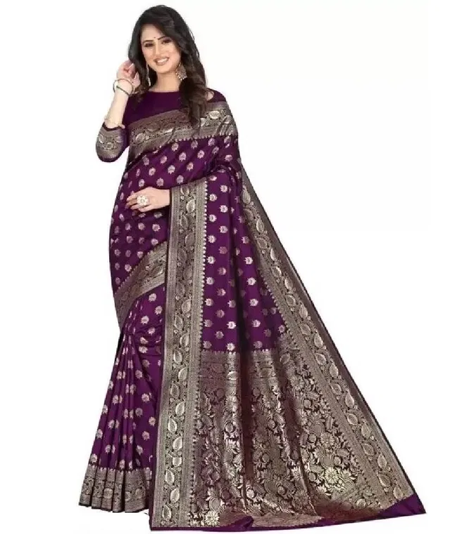 Banarasi Silk Printed Saree for Women (Wine, 6.3 m)