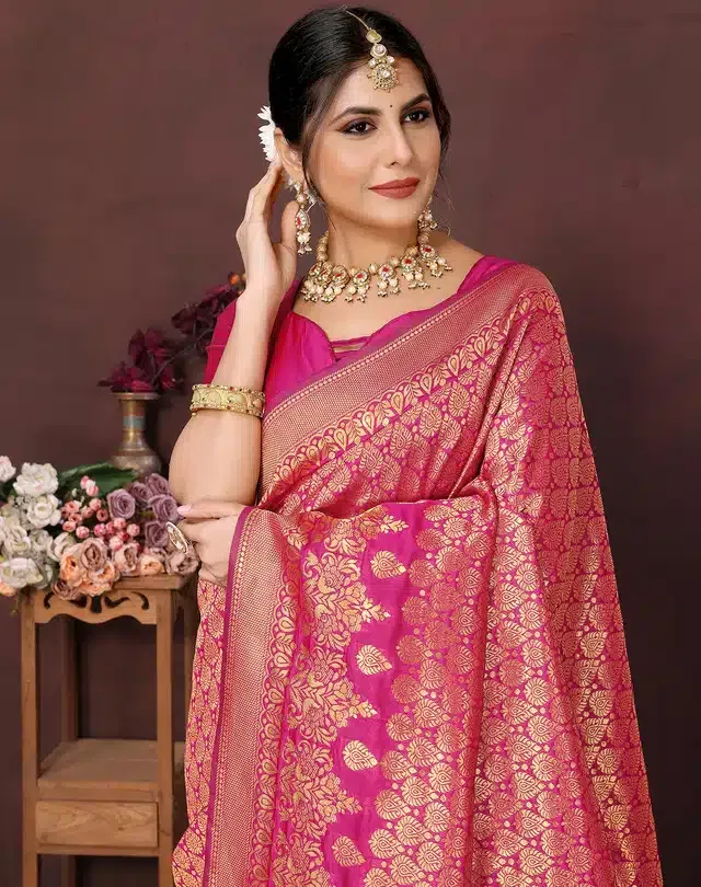 Banarasi Silk Zari Woven Saree for Women (Pink, 6 m)