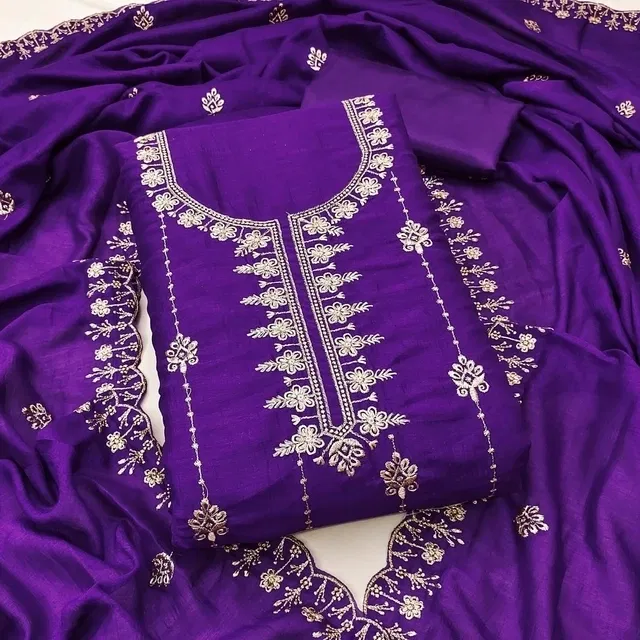 Vichitra Silk Embroidered Unstitched Suit Fabric, Purple