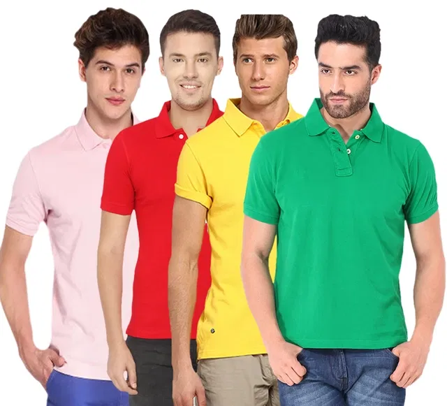 Polo Solid Cotton Blend T-shirts Pack of 4 for Men (Multicolor, M)