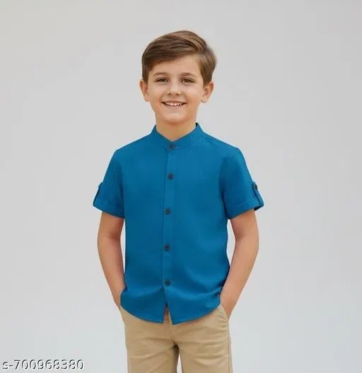 Solid Cotton Blend Mandarin T-Shirt for Boys (Teal, 10-11 Years)