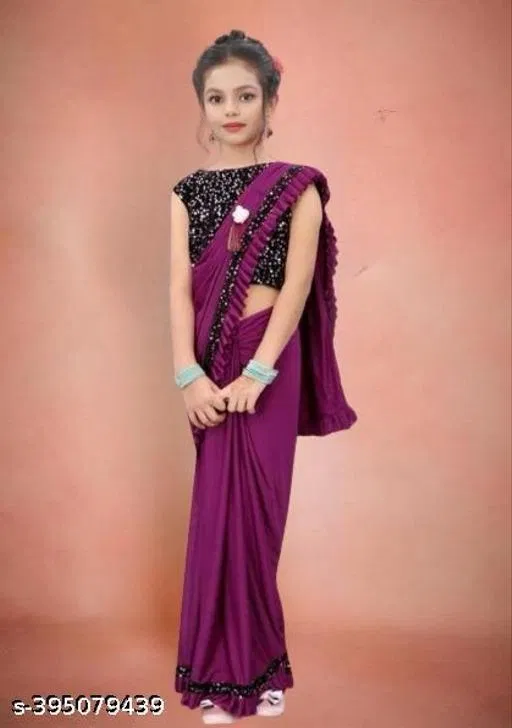 Lycra Solid Saree for Girls (Purple, 8-9 Years)