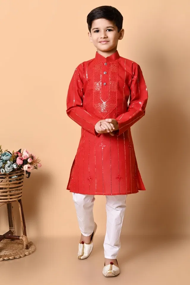 Cotton Embellished Kurta with Payjama for Boys, Red & White (6-7 Years)