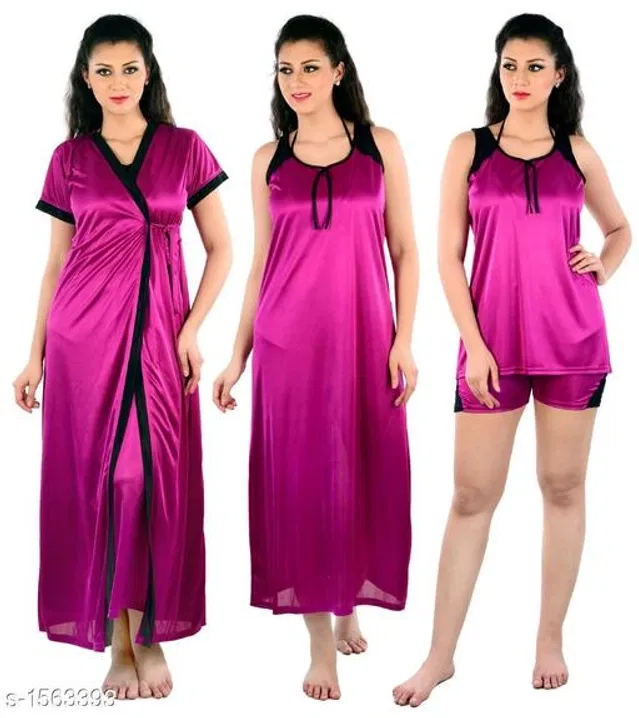 Satin Nightdress Set for Women (Purple, M)