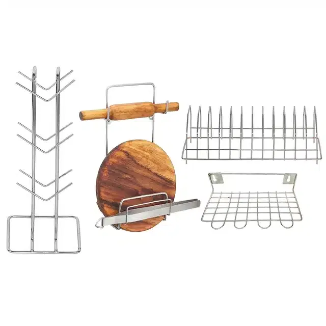 Stainless Steel Cup Stand & Plate Stand with Utensil Holder & Chakla Belan Stand (Set of 4, Silver)