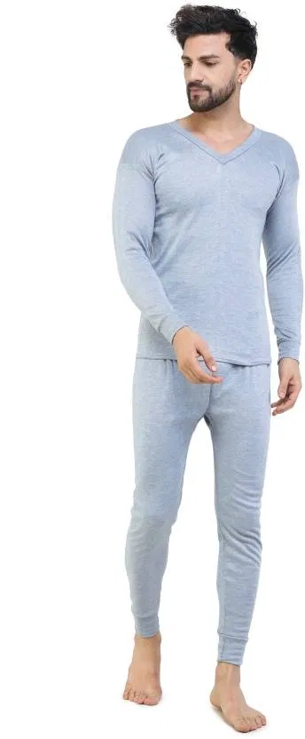 Cotton Blend Thermal Set for Men (Light Grey, L)