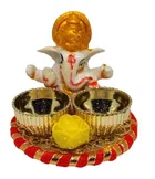 Metal Decorative Ganpati Haldi Kumkum Stand with 2 Roli Chawal Holder, Multicolor