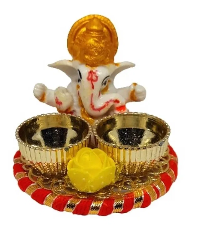 Metal Decorative Ganpati Haldi Kumkum Stand with 2 Roli Chawal Holder, Multicolor