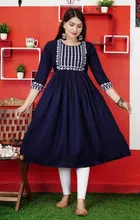 Rayon Printed Anarkali Kurti for Women (Navy Blue, S)