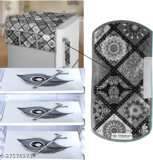Knit Printed Fridge 3 Pcs Mat with Top & Handle Cover (Multicolor, Set of 1)