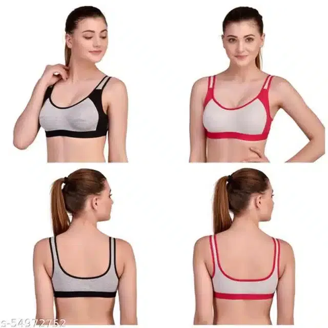 Polycotton Sports Bra for Women (Black & Red, 38B) (Pack of 2)