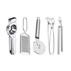 Oc9 Stainless Steel Lemon Squeezer & Cheese Grater & Pizza Cutter & Pakkad & Roti Chimta Kitchen Tool Set 