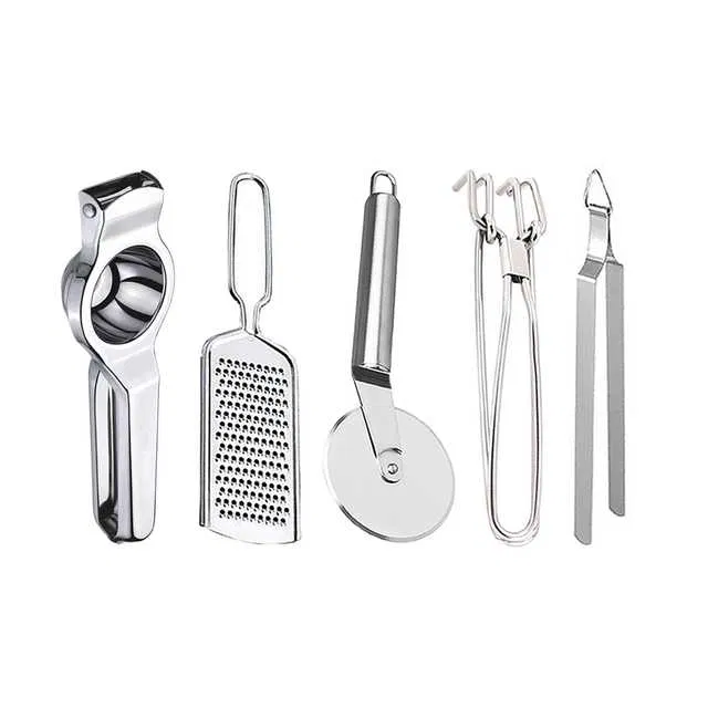 Oc9 Stainless Steel Lemon Squeezer & Cheese Grater & Pizza Cutter & Pakkad & Roti Chimta Kitchen Tool Set (O-128)