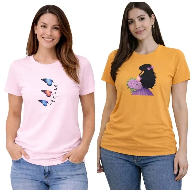 Cotton Blend T-shirt for Women, Yellow & Pink , Pack of 2 (S)