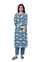 Cotton Blend Solid Kurta with Bottomwear for Women (Blue, S)