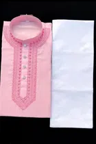 Cotton Blend Embroidered Kurta Set for Men (Pink & White, M)