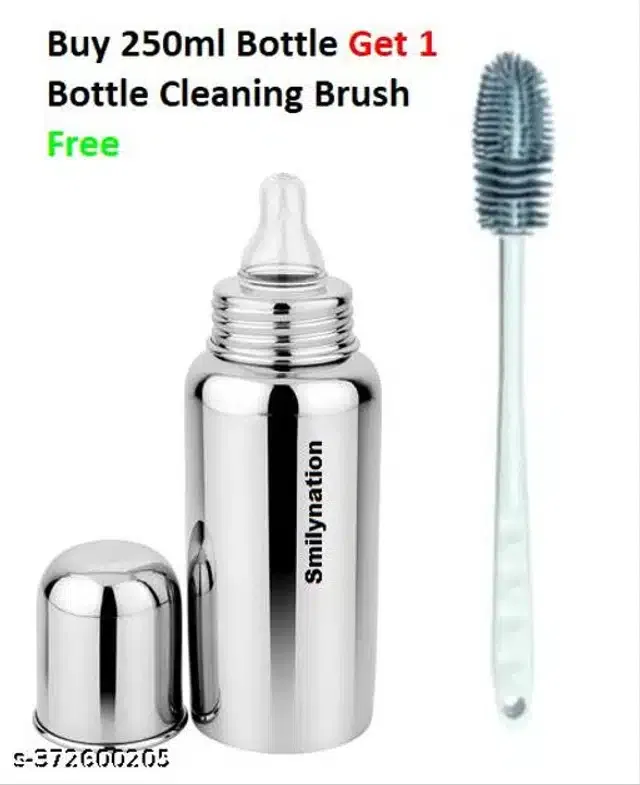 Stainless Steel Milk Feeding Bottle (250 ml) with Bottle Cleaning Brush for Infants (Multicolor, Set of 2)
