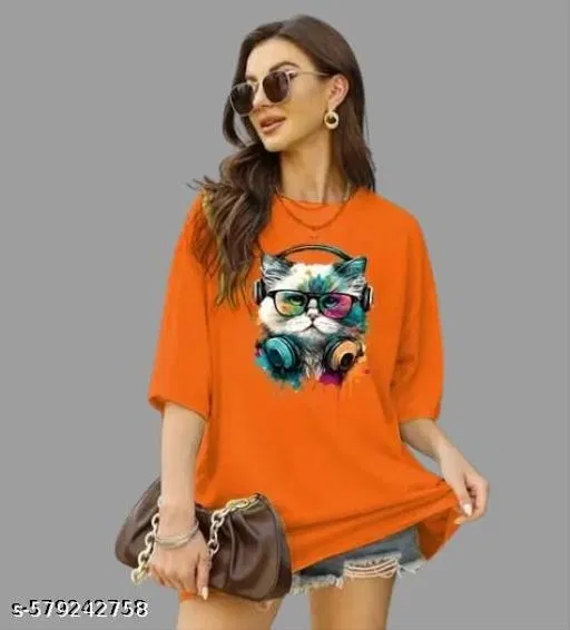 Cotton Blend Printed T-Shirt for Women, Orange (M)