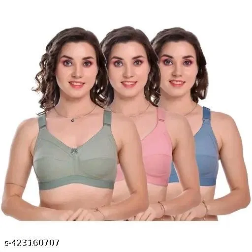 Cotton Blend Solid Bra for Women & Girls, Multicolour, Pack of 3 (32C)