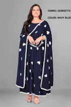 Georgette Ethnic Motif Gown with Dupatta for Women (Navy Blue & White, S)