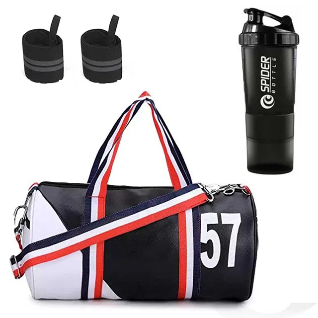Polyester Printed Gym Bag with Wristband & Shaker Bottle (500 ml) for Men & Women (Multicolor, Set of 1)