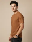 Polyester Round Neck T-shirt for Men, Brown 