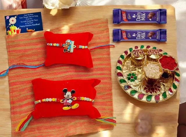 Combo of 2 Pcs Rakhi, 4.5 inch Plate, Greeting Card, Roli Chawal & 2 Pcs Chocolate (Multicolor, Set of 1)