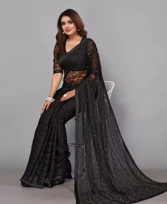 Net Solid Saree for Women (Black, 6.3 m)