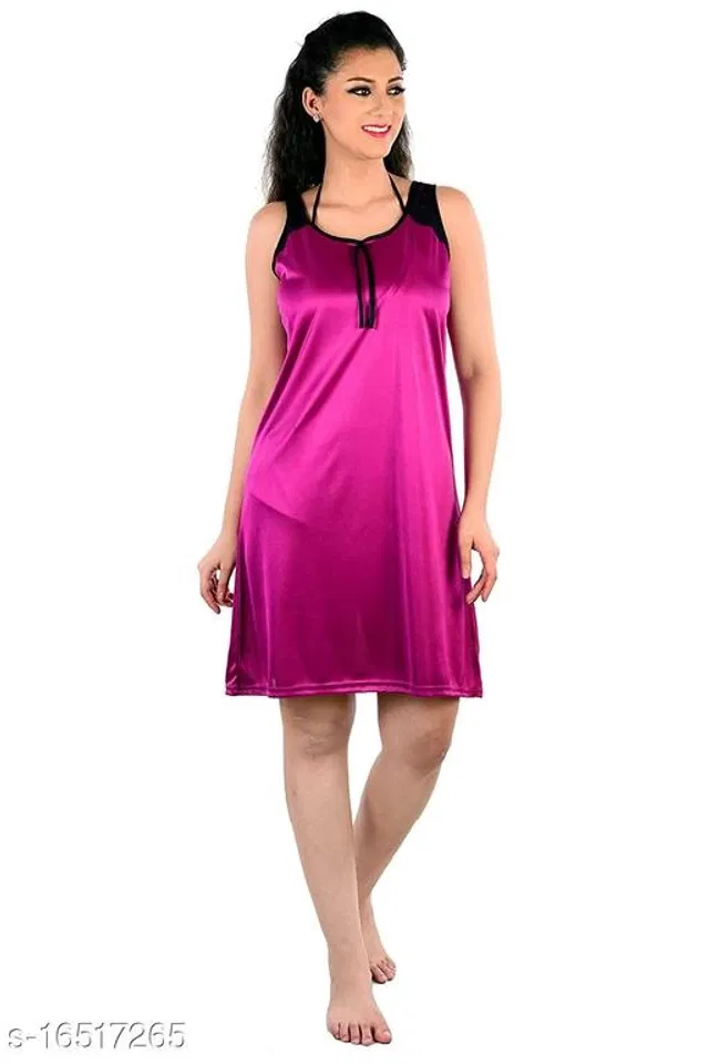 Satin Nightdress Set for Women (Purple, Free Size)