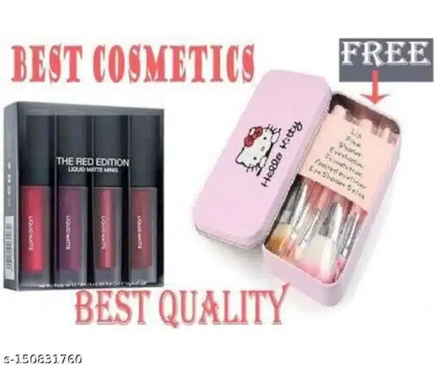 Combo of Waterproof Liquid Lipsticks (4 Pcs) with 7 Pcs Makeup Brushes (Multicolor, Set of 2)