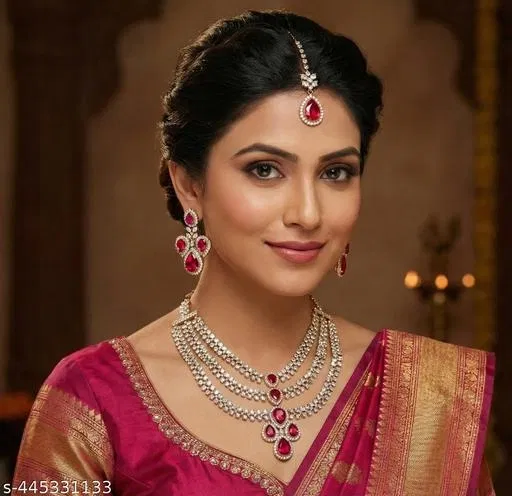 3 Layer Mehandi Finish Bridal White Diamond Trendy Necklace Set for Women (Pink, Free Size)