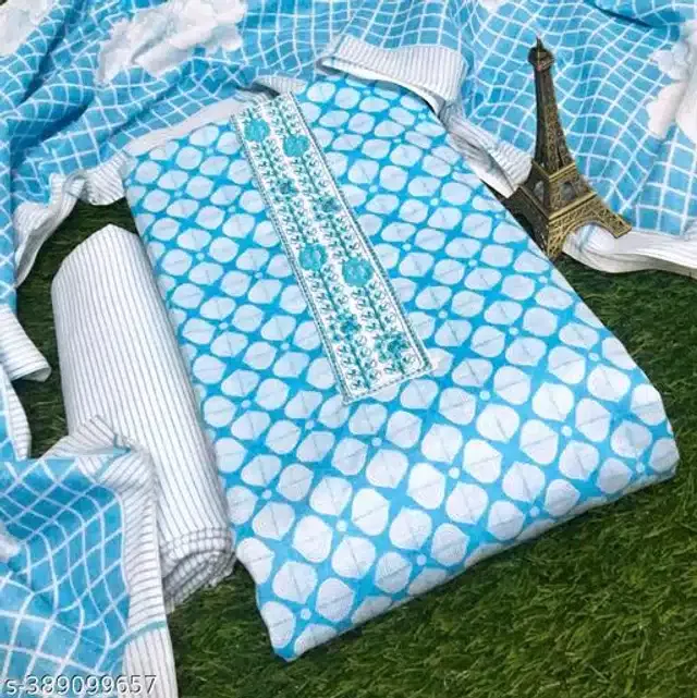Cotton Printed Unstitched Dress Material for Women (Sky Blue)